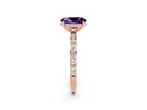 Rose gold Oval Cut Amethyst Solitaire Ring with Pavé Band and Hidden Halo