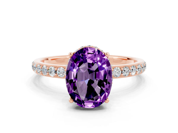 Rose gold Oval Cut Amethyst Solitaire Ring with Pavé Band and Hidden Halo