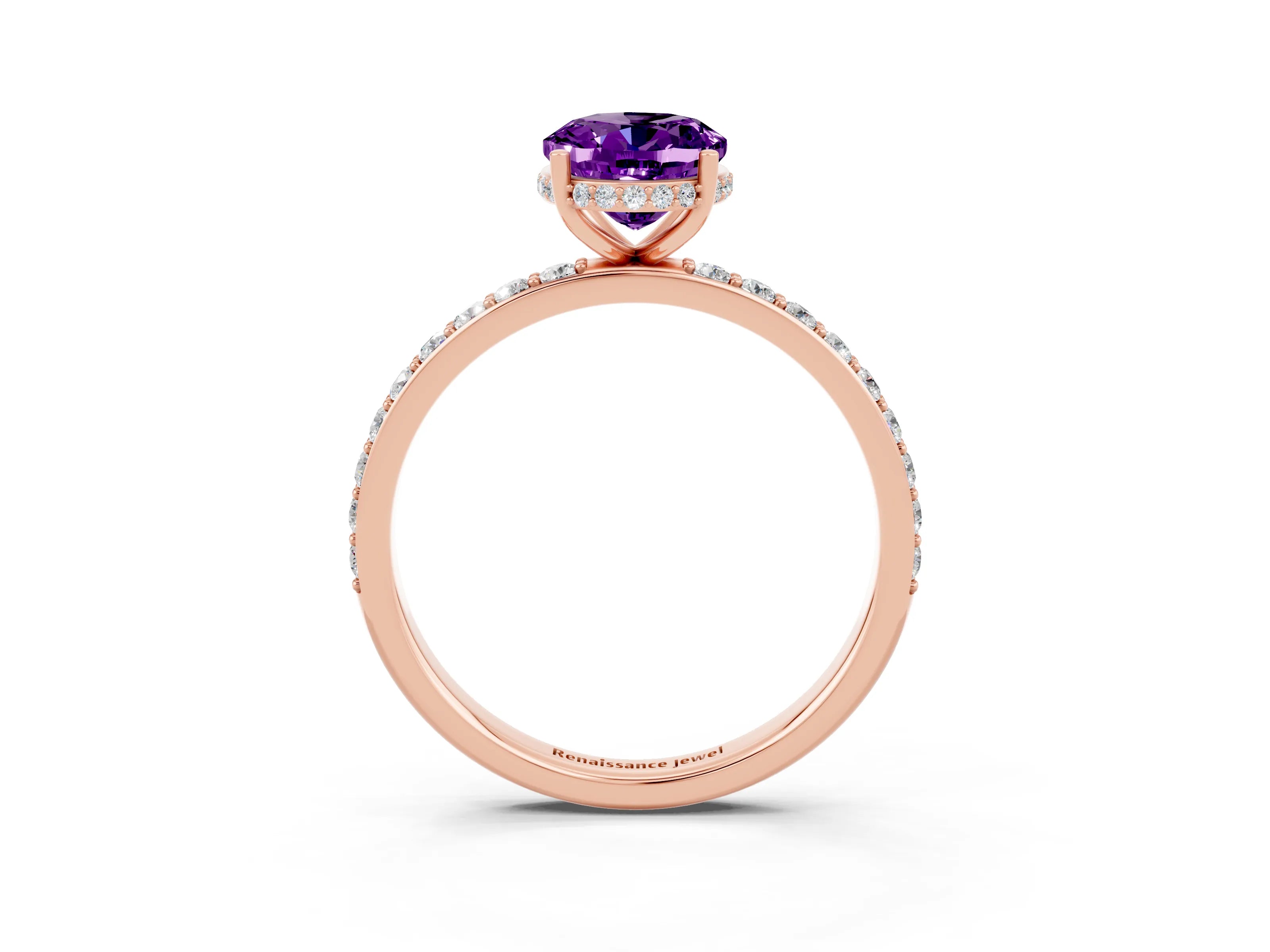 Rose gold {shape_name} Amethyst Solitaire Ring with Pavé Band and Hidden Halo_3