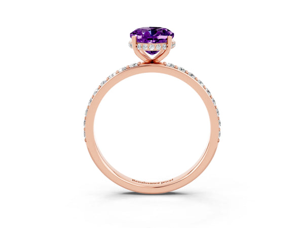 Rose gold Oval Cut Amethyst Solitaire Ring with Pavé Band and Hidden Halo