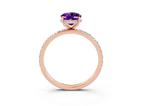 Rose gold {shape_name} Amethyst Solitaire Ring with Pavé Band and Hidden Halo_3
