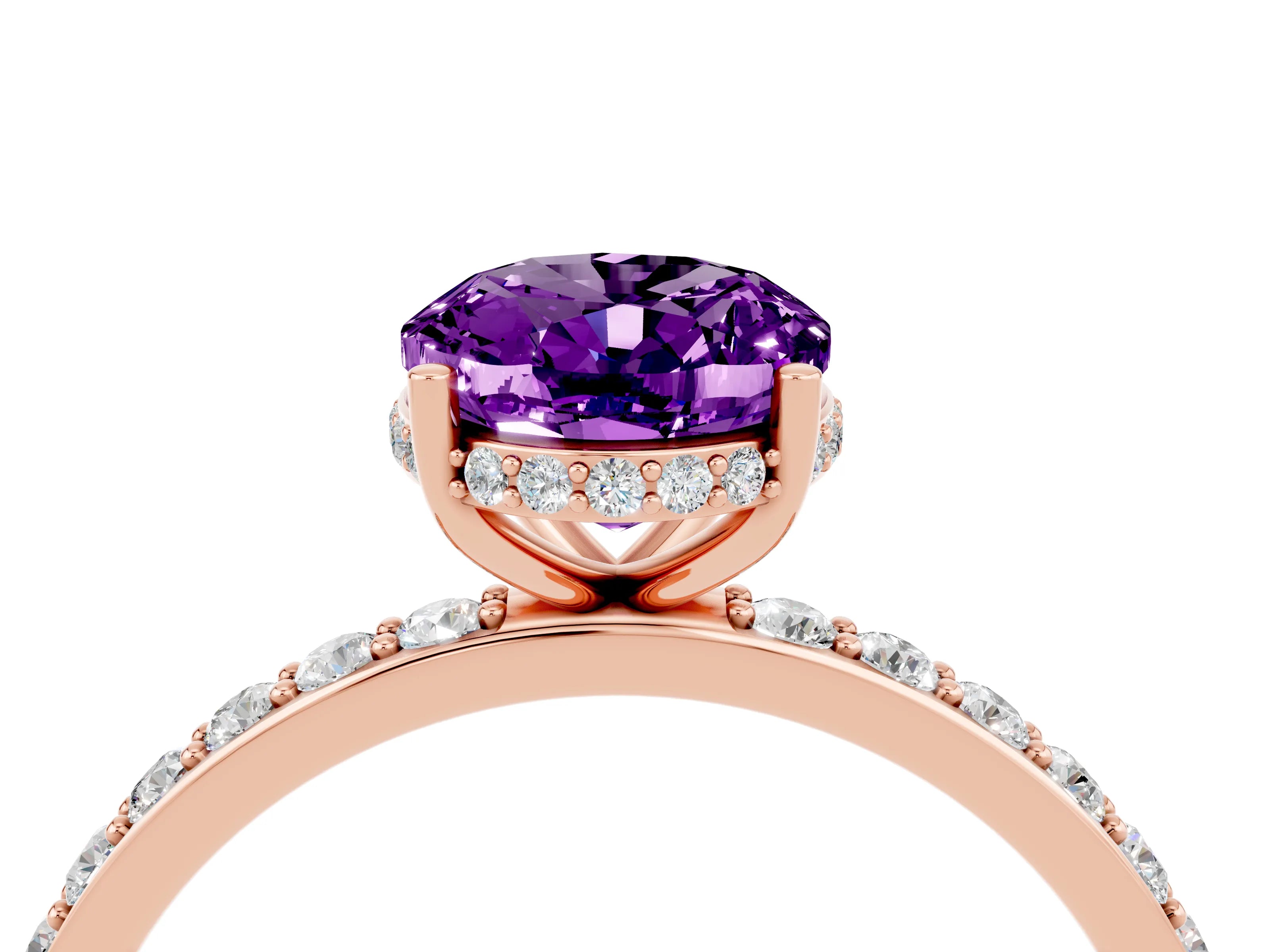 Rose gold {shape_name} Amethyst Solitaire Ring with Pavé Band and Hidden Halo_4