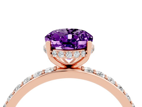 Rose gold {shape_name} Amethyst Solitaire Ring with Pavé Band and Hidden Halo_4