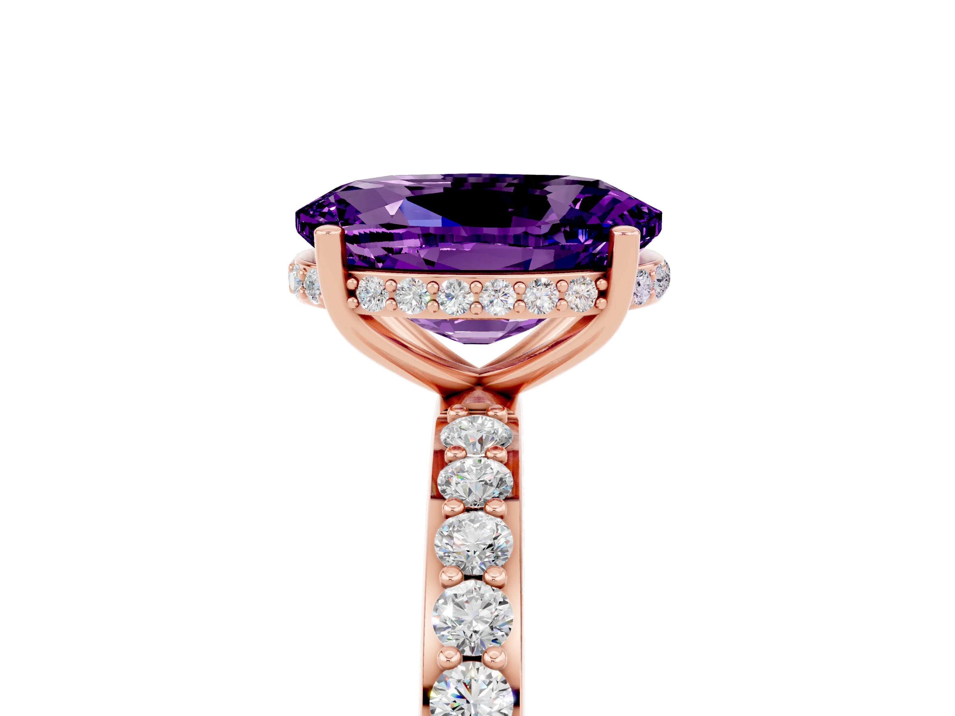 Rose gold {shape_name} Amethyst Solitaire Ring with Pavé Band and Hidden Halo_5