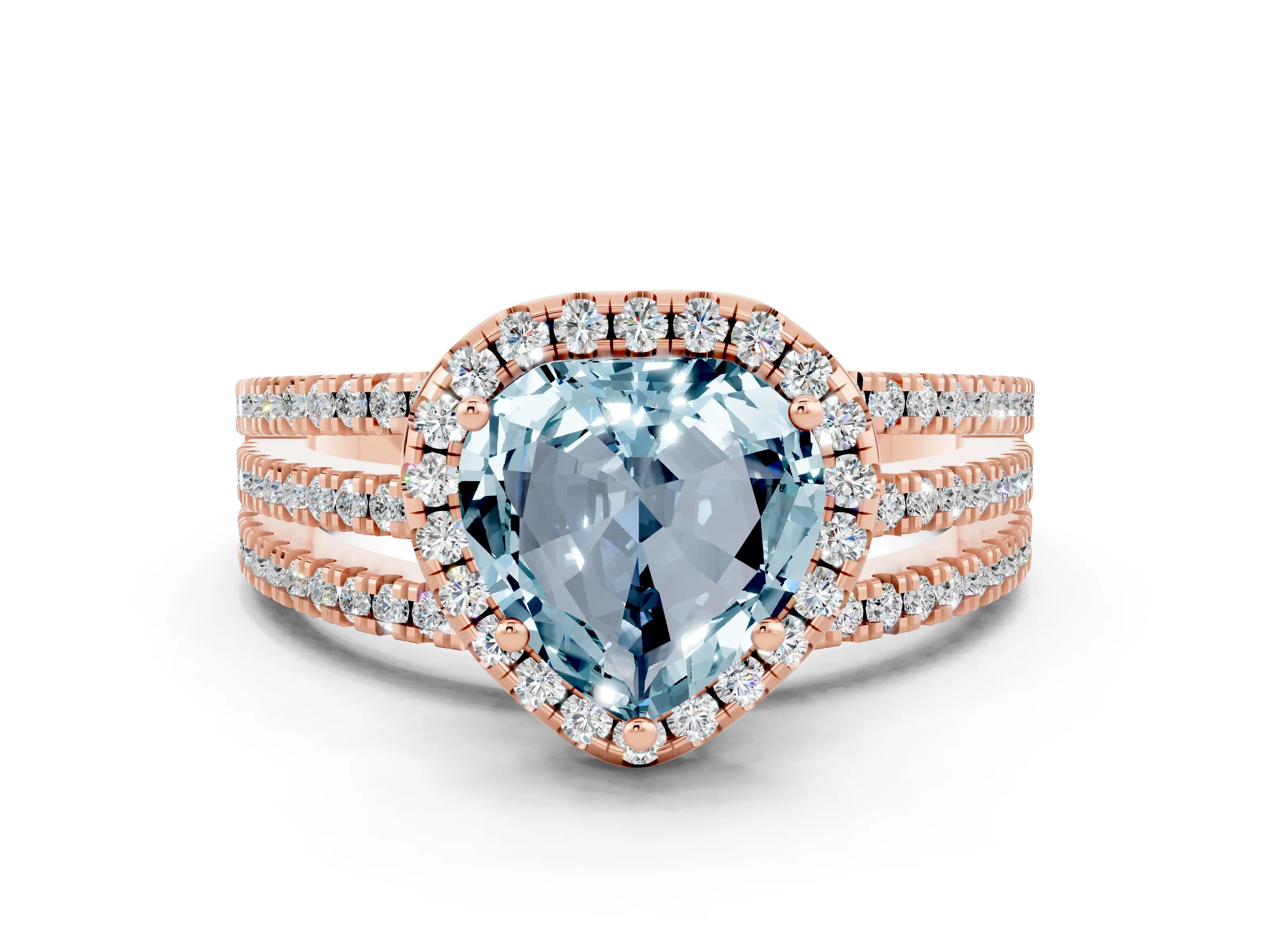 Rose gold {shape_name} Aquamarine Halo Engagement Ring with Split Shank and Four-Prong Setting