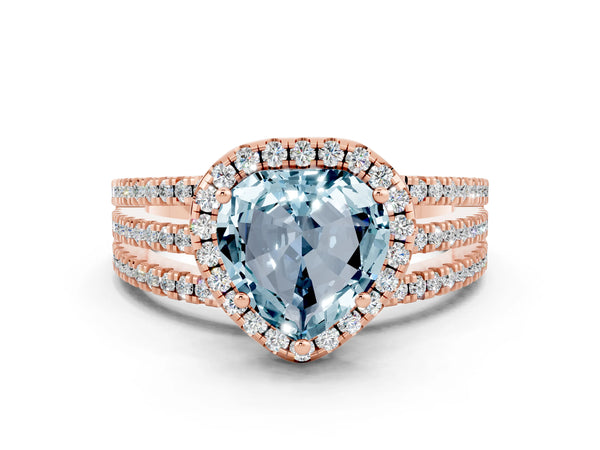 Rose gold Heart Cut Aquamarine Halo Engagement Ring with Split Shank and Four-Prong Setting