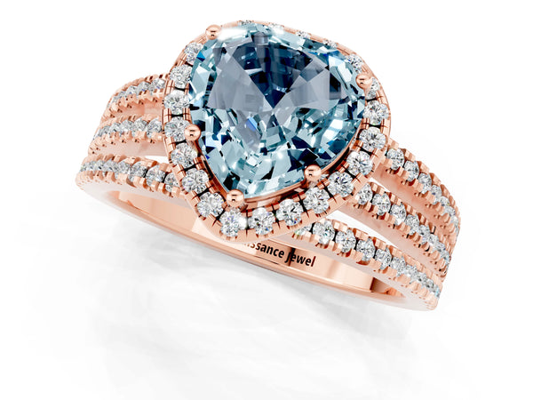 Rose gold Heart Cut Aquamarine Halo Engagement Ring with Split Shank and Four-Prong Setting