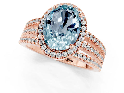 Rose gold {shape_name} Aquamarine Halo Engagement Ring with Split Shank and Four-Prong Setting_1