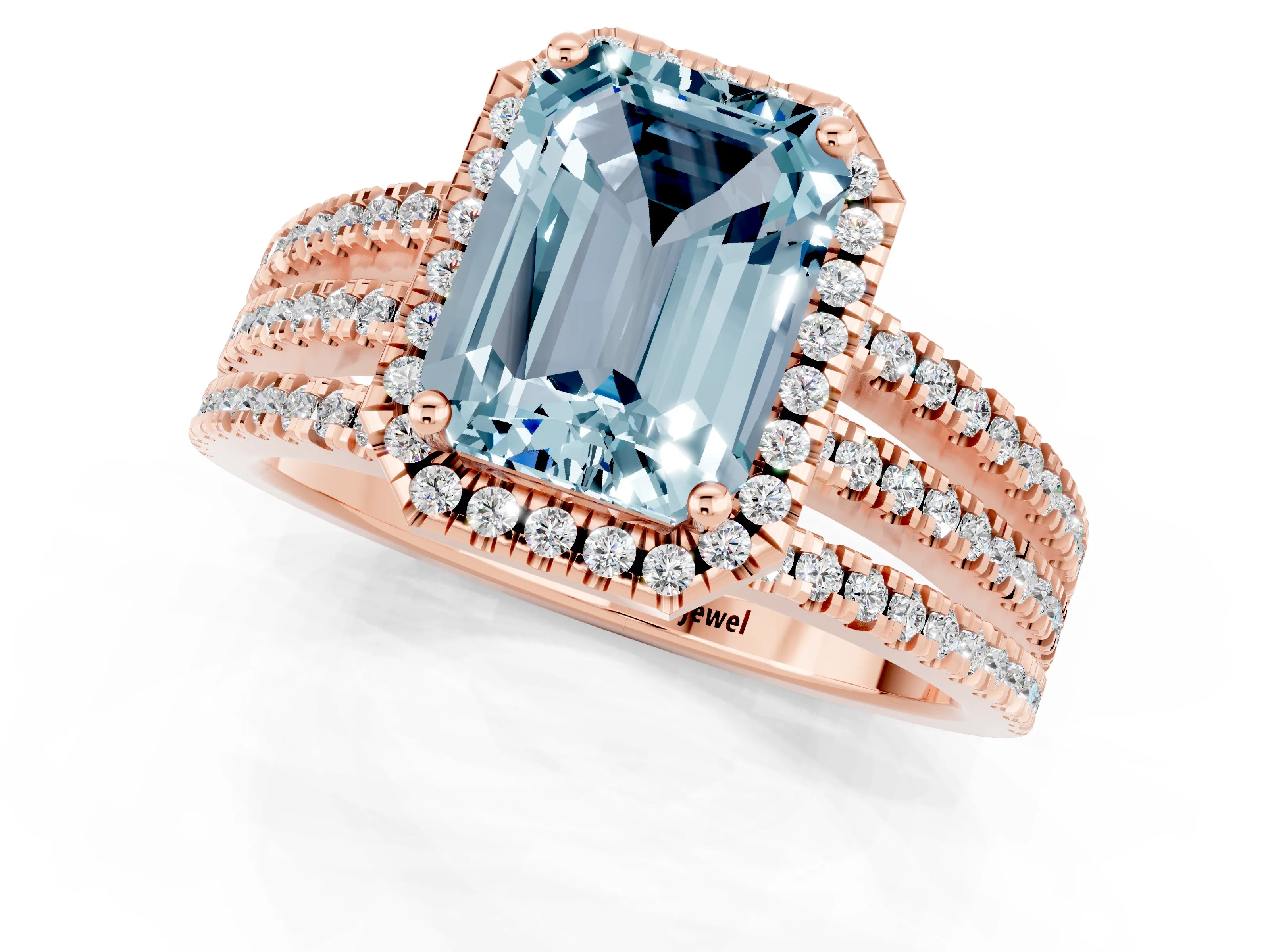 Rose gold {shape_name} Aquamarine Halo Engagement Ring with Split Shank and Four-Prong Setting_1
