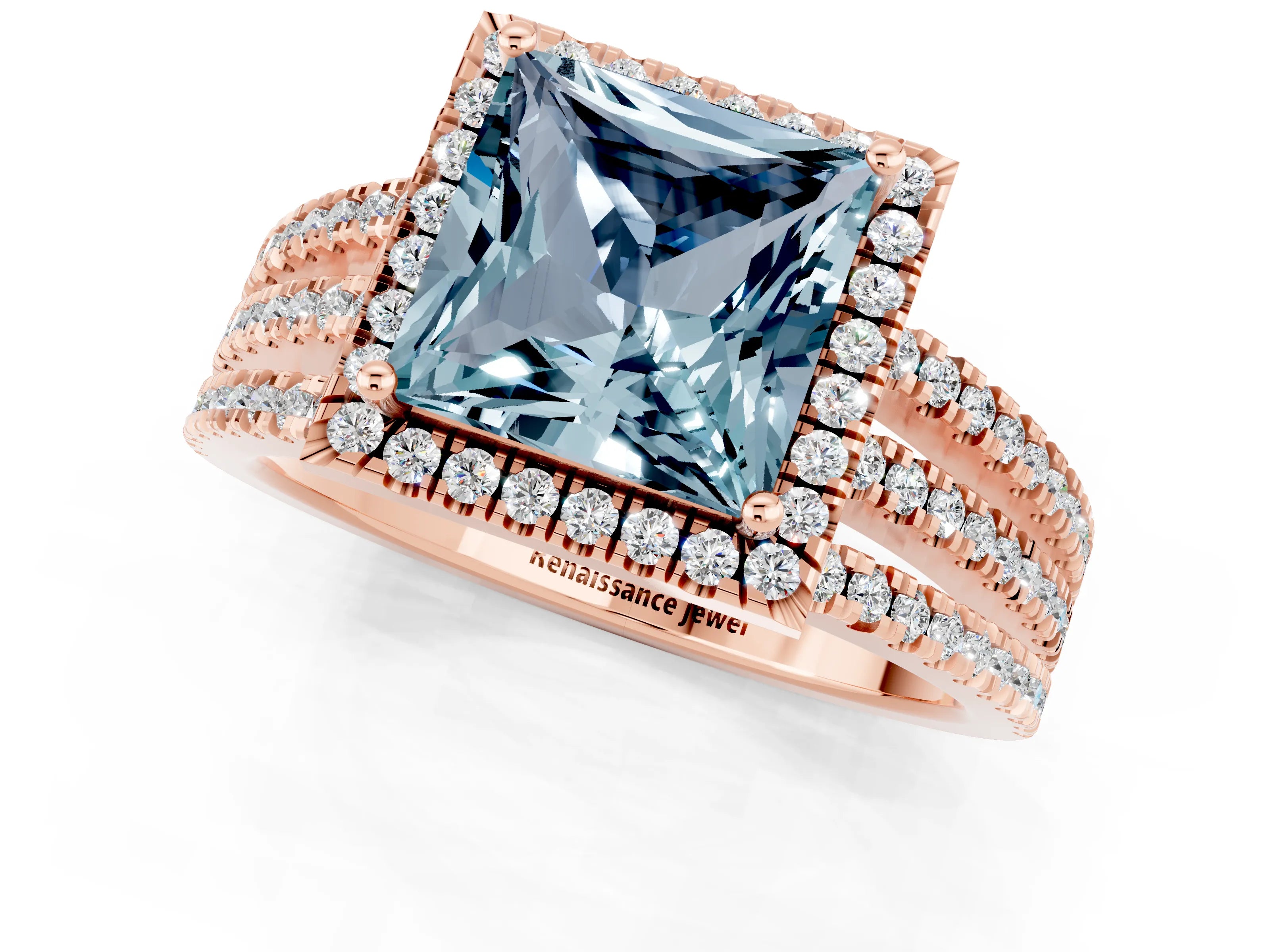 Rose gold {shape_name} Aquamarine Halo Engagement Ring with Split Shank and Four-Prong Setting_1