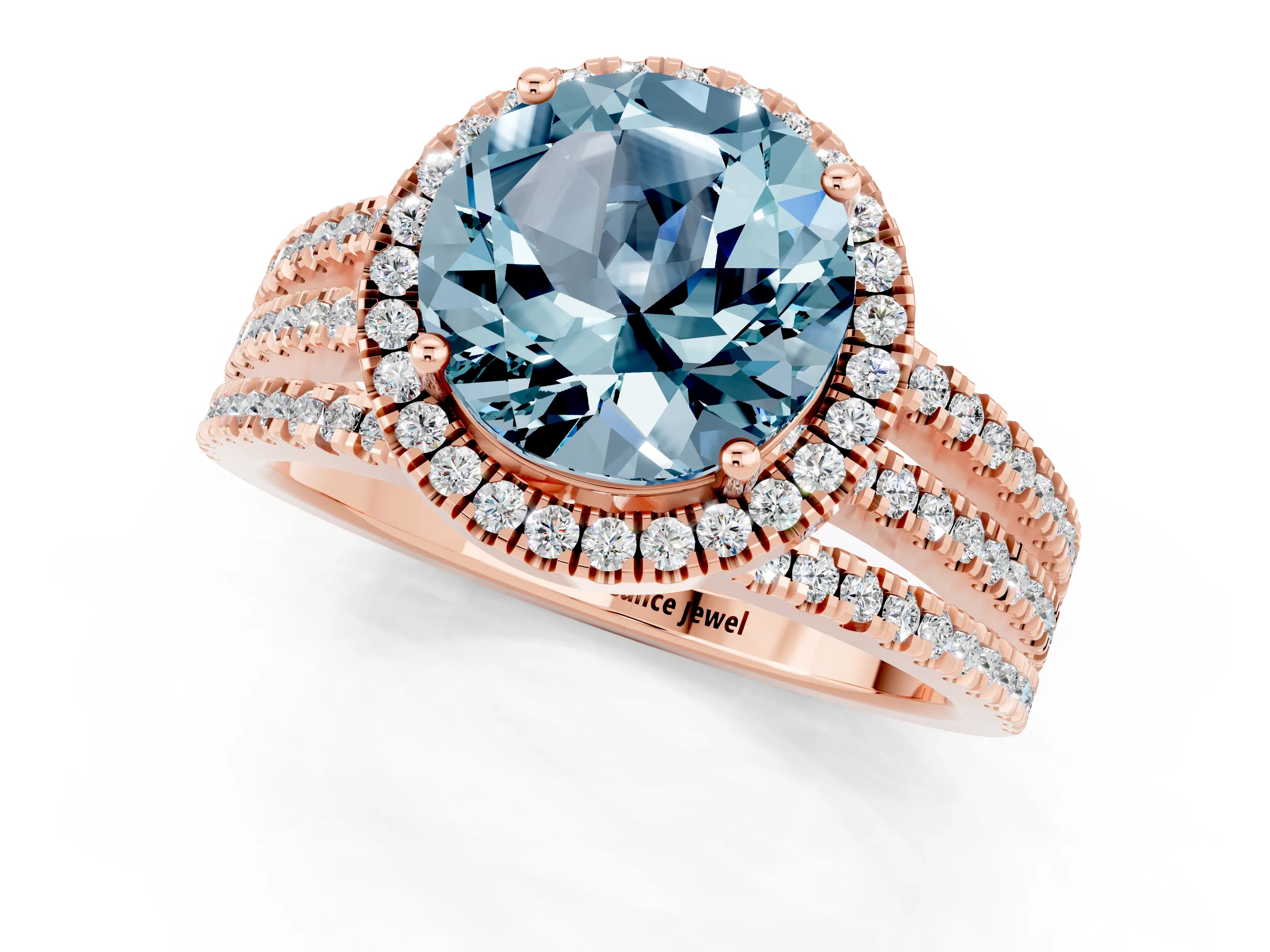 Rose gold {shape_name} Aquamarine Halo Engagement Ring with Split Shank and Four-Prong Setting_1