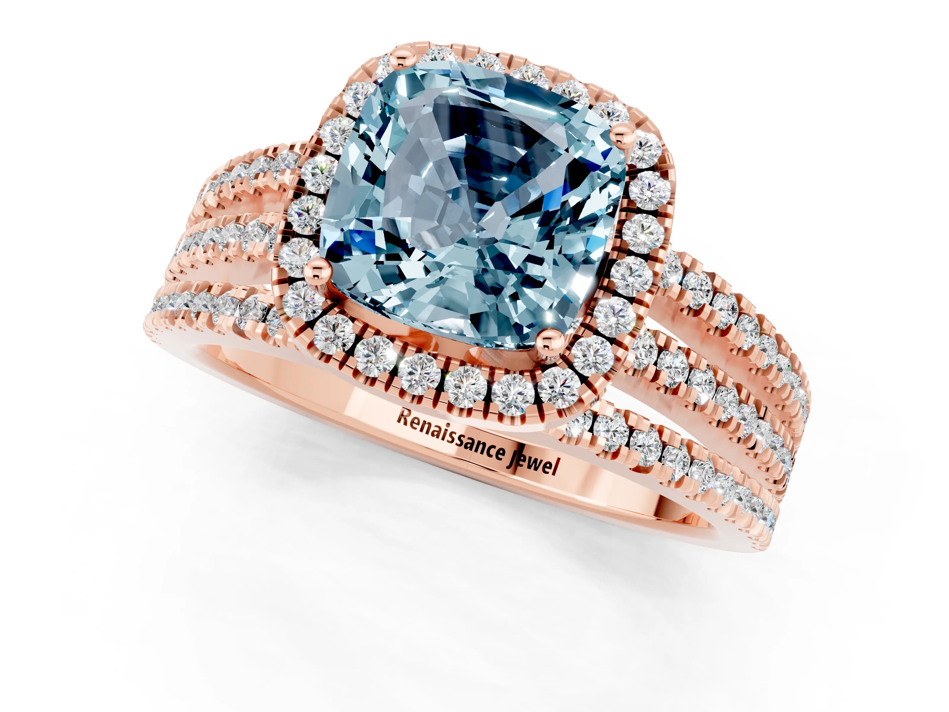 Rose gold {shape_name} Aquamarine Halo Engagement Ring with Split Shank and Four-Prong Setting_1