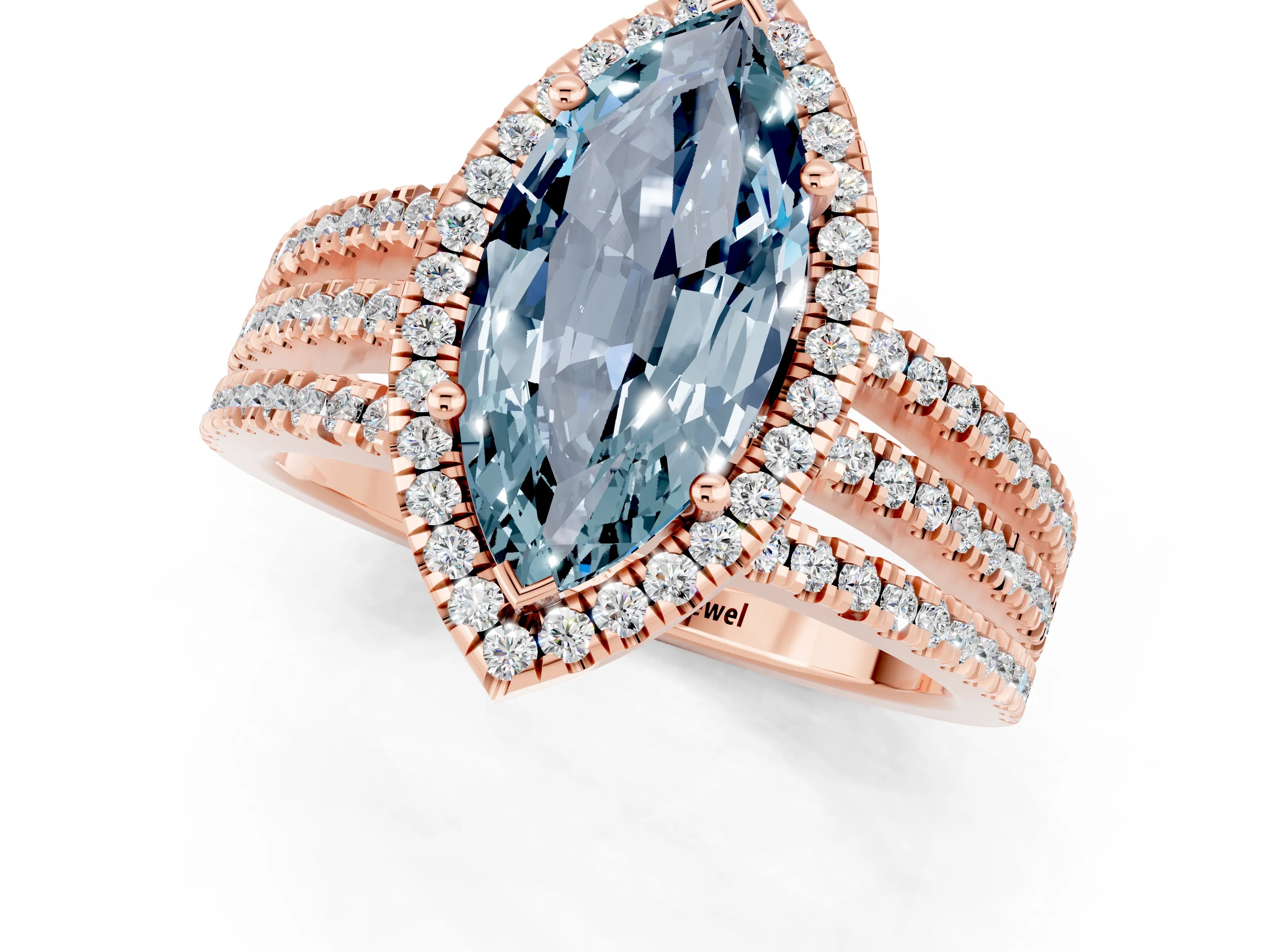 Rose gold {shape_name} Aquamarine Halo Engagement Ring with Split Shank and Four-Prong Setting_1
