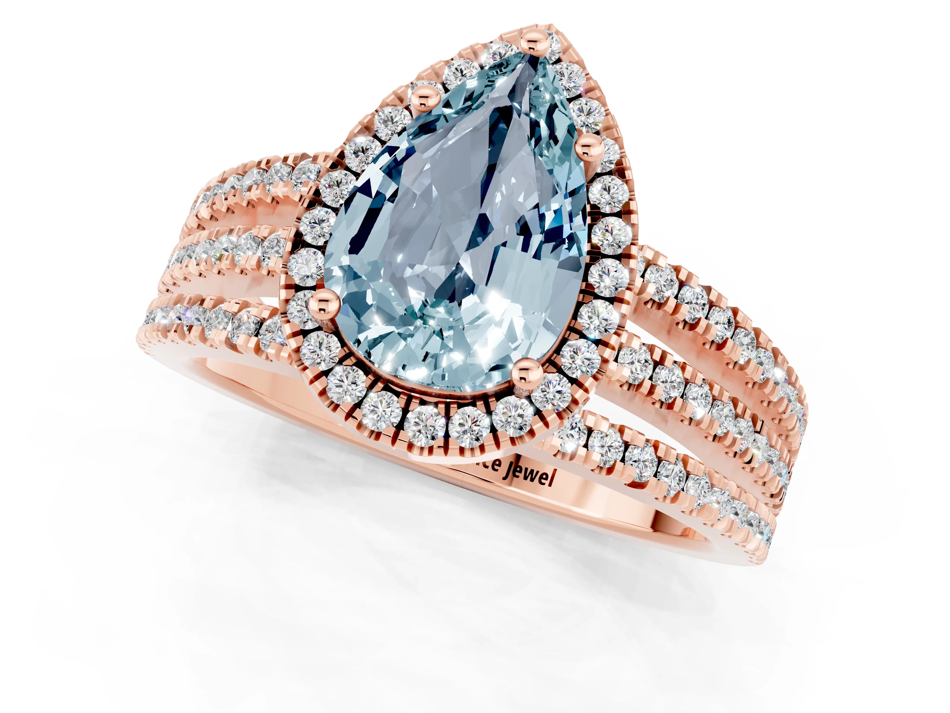 Rose gold {shape_name} Aquamarine Halo Engagement Ring with Split Shank and Four-Prong Setting_1
