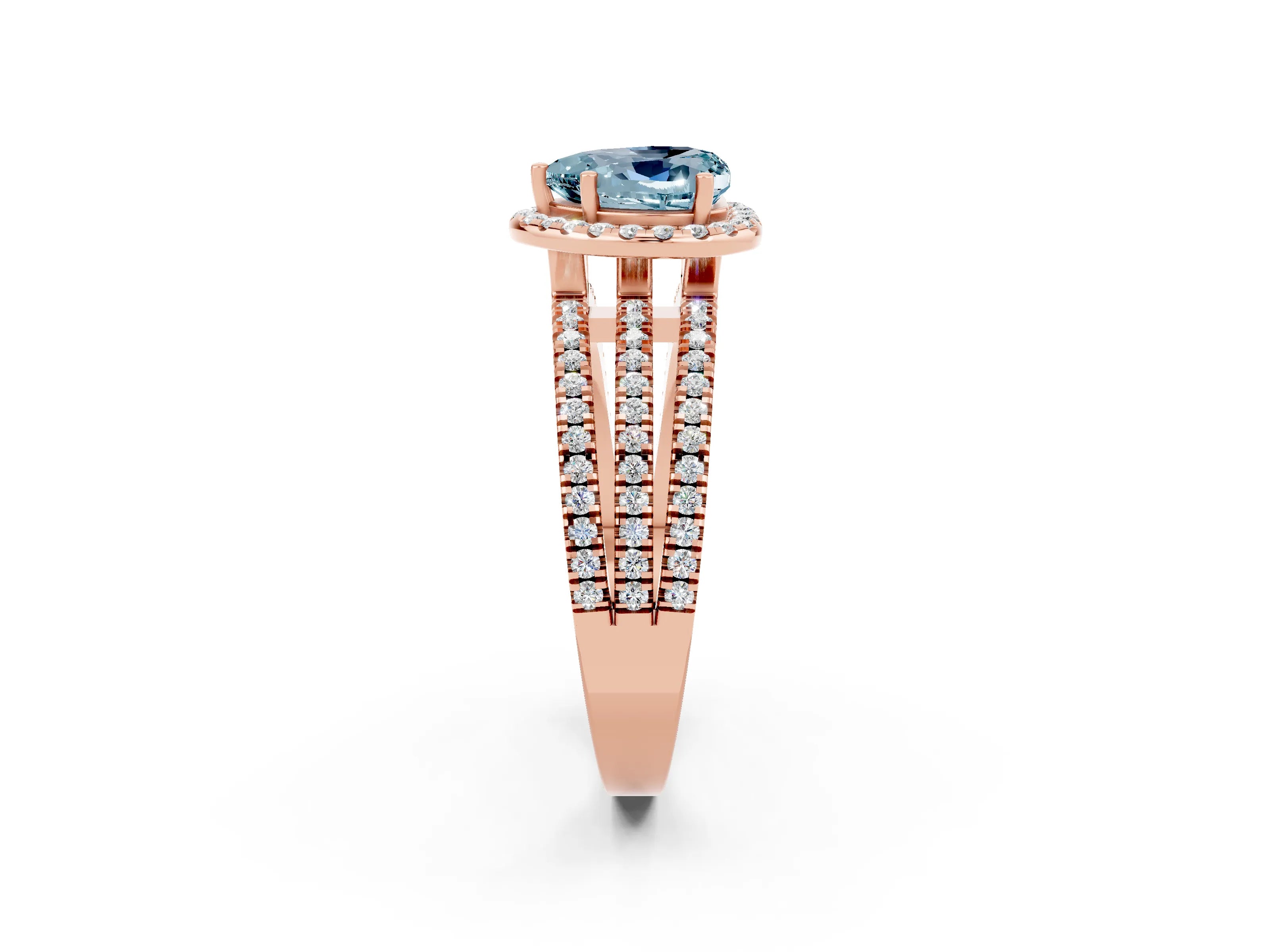 Rose gold {shape_name} Aquamarine Halo Engagement Ring with Split Shank and Four-Prong Setting_2