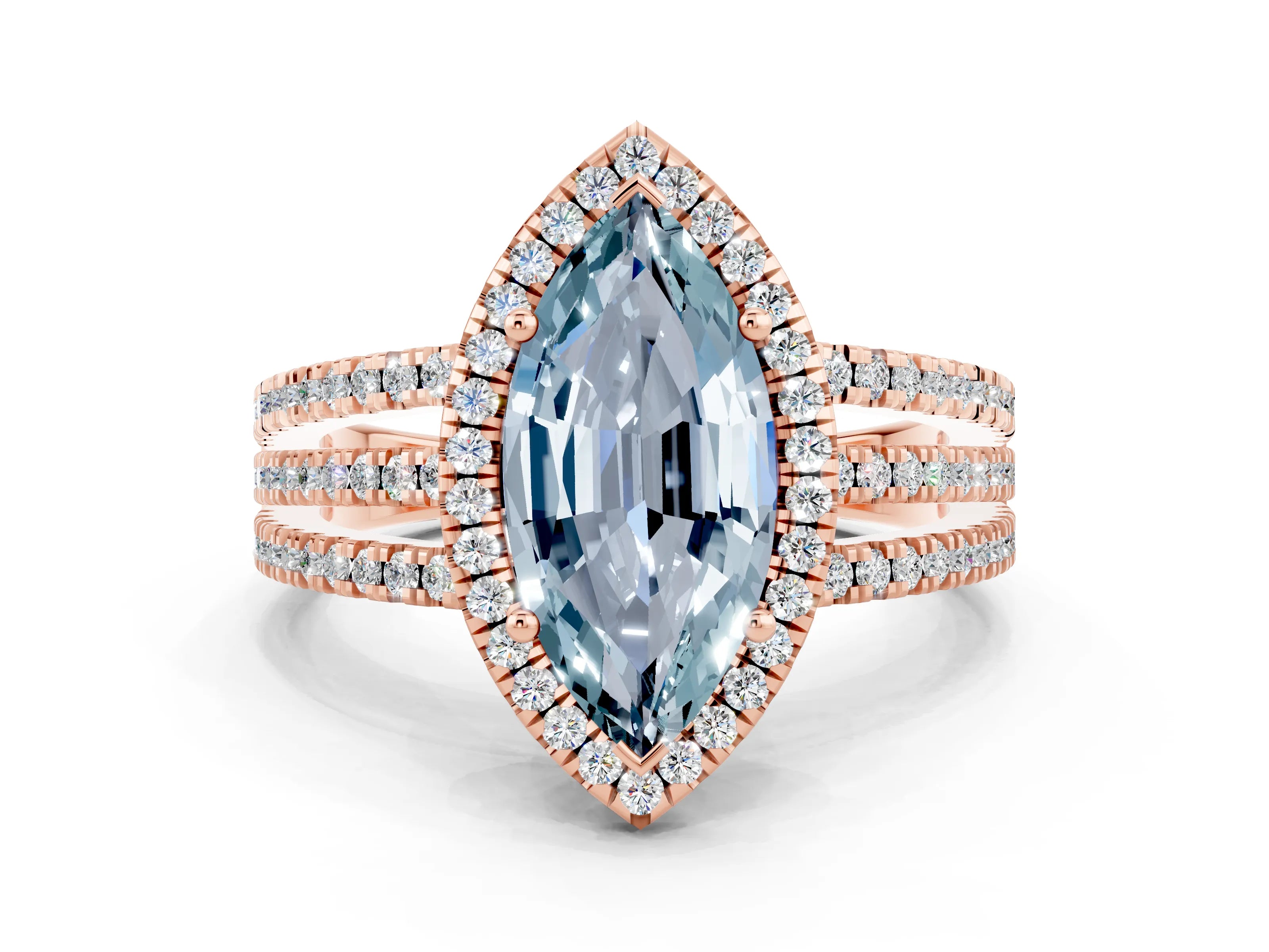 Rose gold {shape_name} Aquamarine Halo Engagement Ring with Split Shank and Four-Prong Setting
