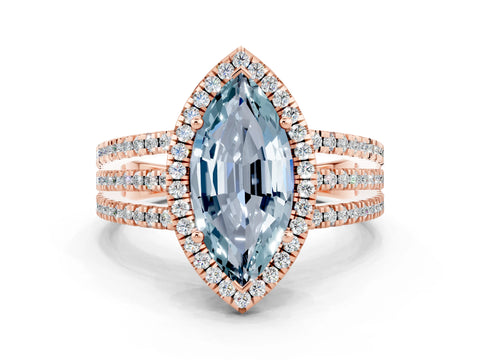 Rose gold {shape_name} Aquamarine Halo Engagement Ring with Split Shank and Four-Prong Setting