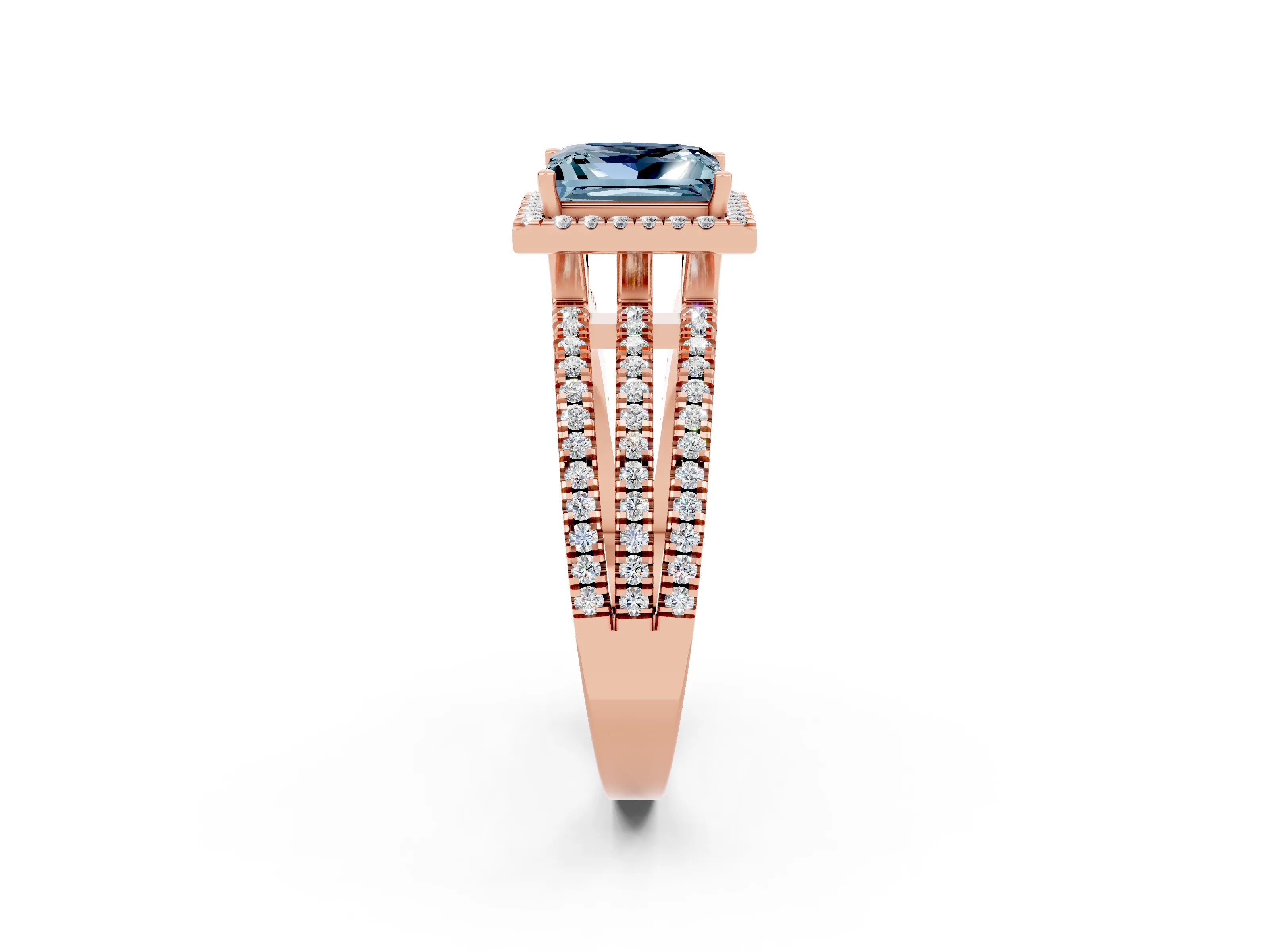 Rose gold {shape_name} Aquamarine Halo Engagement Ring with Split Shank and Four-Prong Setting_2
