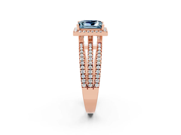 Rose gold Princess Cut Aquamarine Halo Engagement Ring with Split Shank and Four-Prong Setting