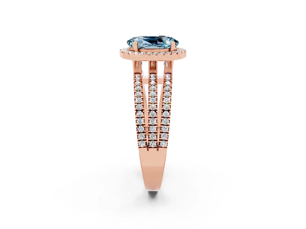 Rose gold Oval Cut Aquamarine Halo Engagement Ring with Split Shank and Four-Prong Setting