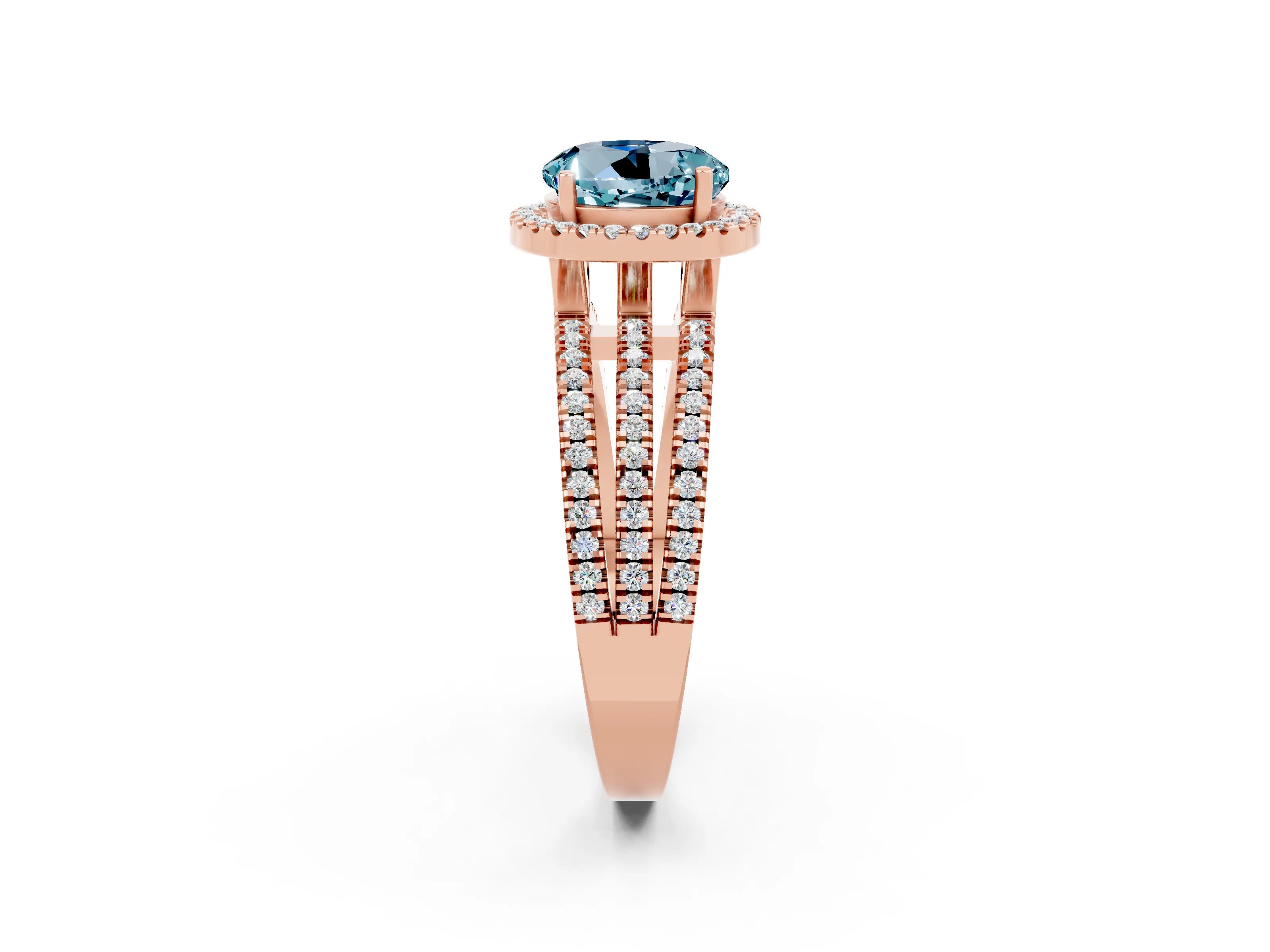 Rose gold {shape_name} Aquamarine Halo Engagement Ring with Split Shank and Four-Prong Setting_2