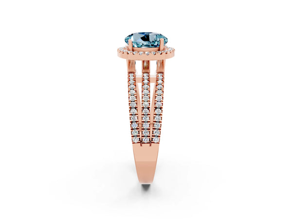 Rose gold Round Cut Aquamarine Halo Engagement Ring with Split Shank and Four-Prong Setting