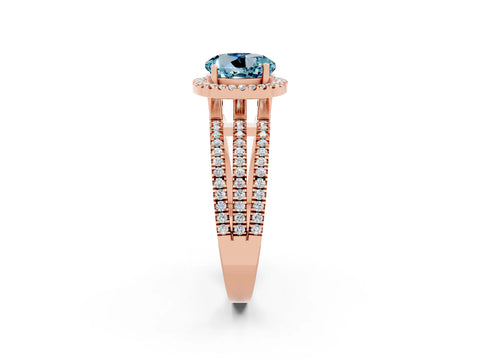 Rose gold {shape_name} Aquamarine Halo Engagement Ring with Split Shank and Four-Prong Setting_2