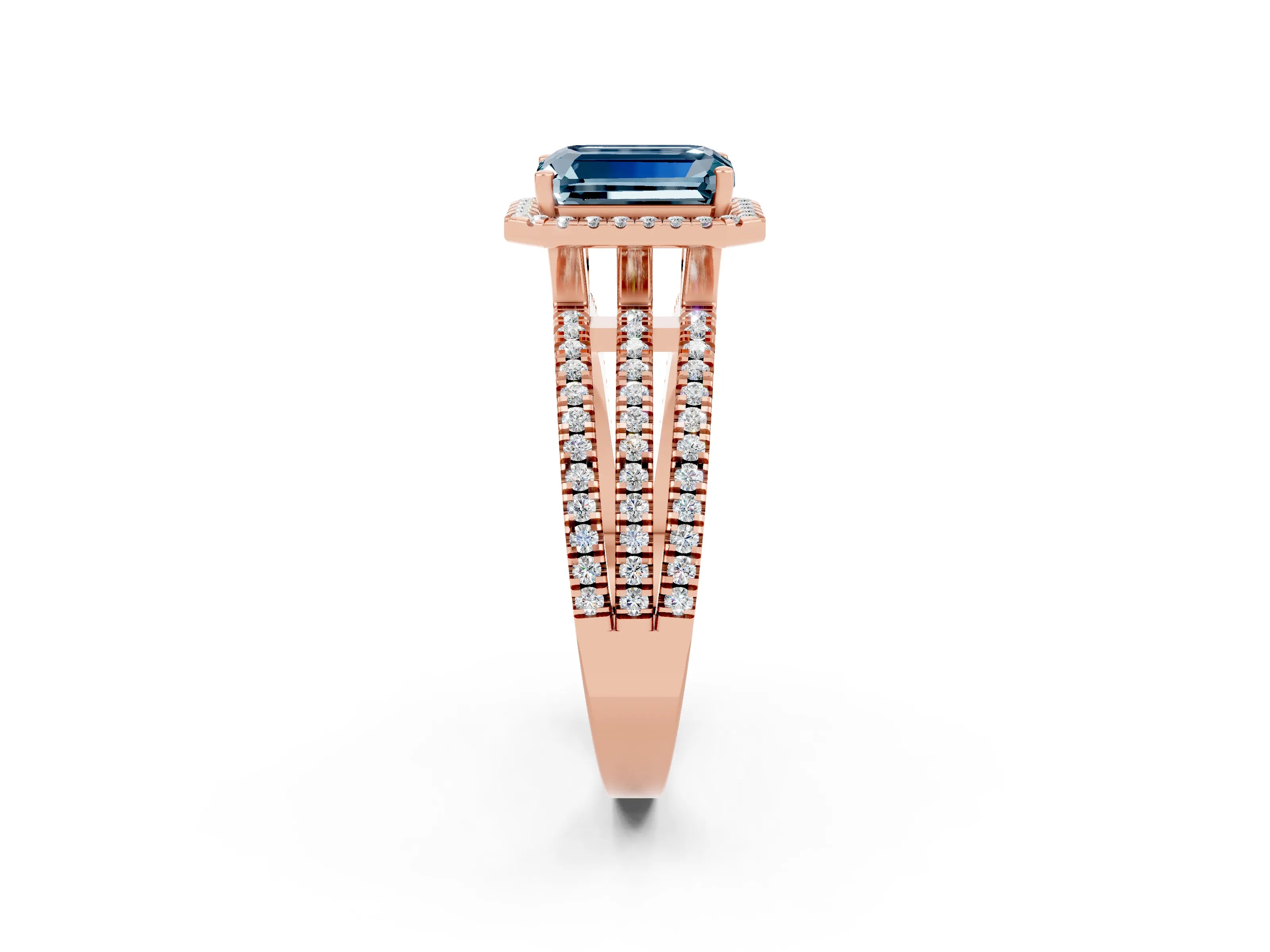 Rose gold {shape_name} Aquamarine Halo Engagement Ring with Split Shank and Four-Prong Setting_2