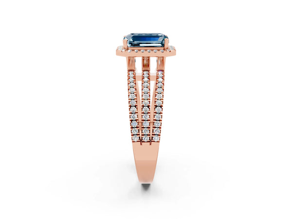 Rose gold Emerald Cut Aquamarine Halo Engagement Ring with Split Shank and Four-Prong Setting