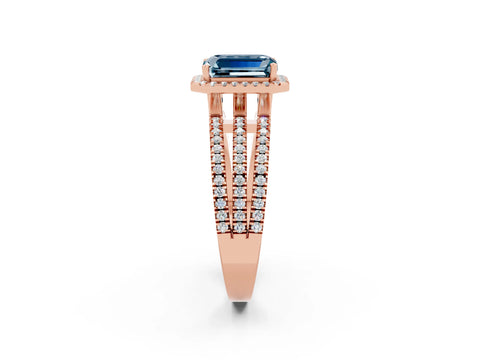 Rose gold {shape_name} Aquamarine Halo Engagement Ring with Split Shank and Four-Prong Setting_2