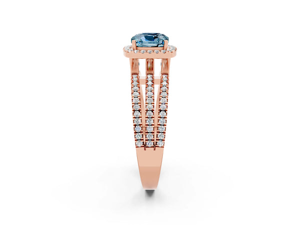 Rose gold Cushion Cut Aquamarine Halo Engagement Ring with Split Shank and Four-Prong Setting