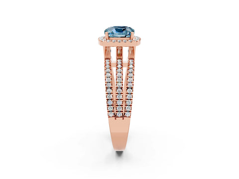 Rose gold {shape_name} Aquamarine Halo Engagement Ring with Split Shank and Four-Prong Setting_2