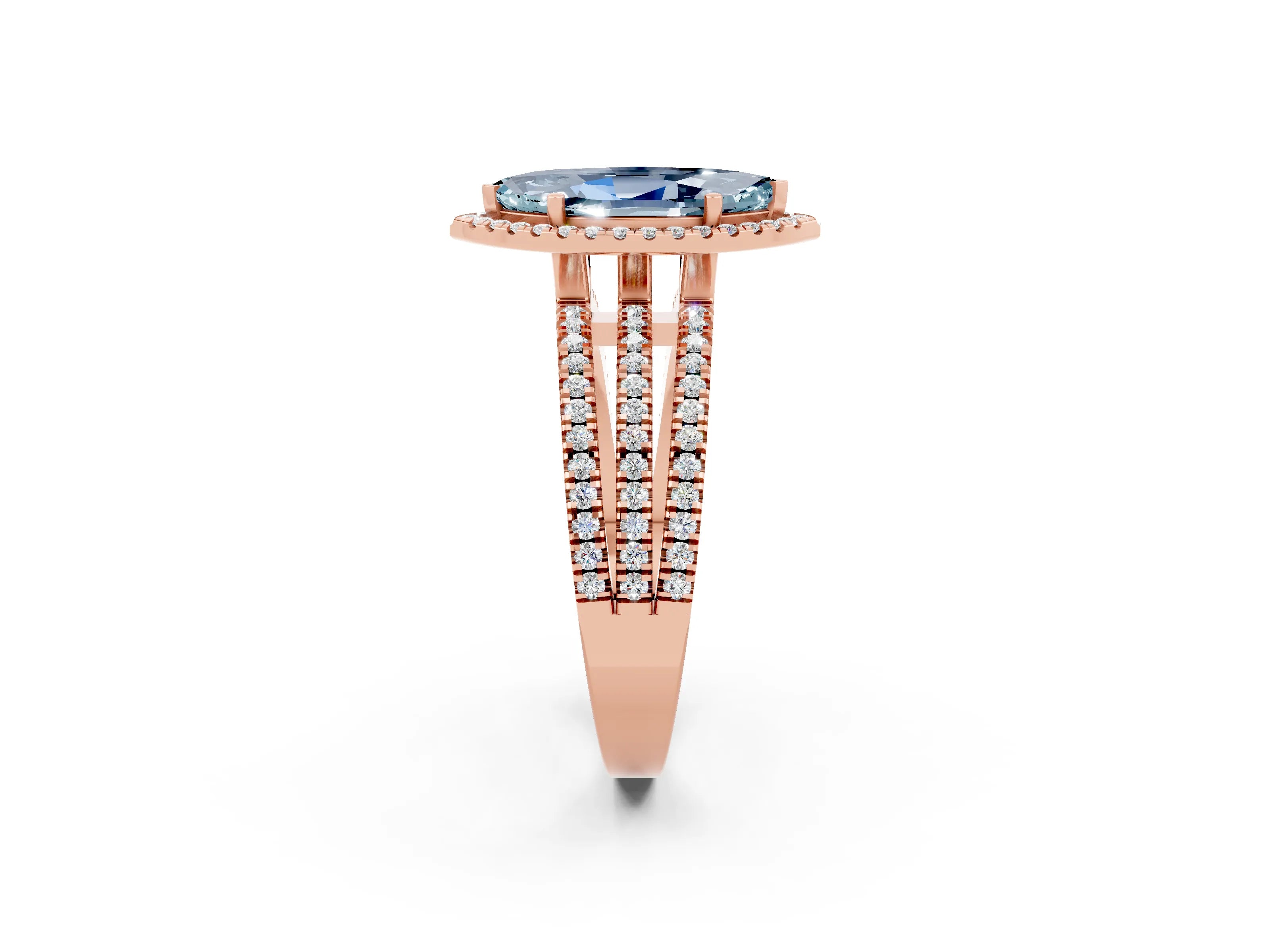 Rose gold {shape_name} Aquamarine Halo Engagement Ring with Split Shank and Four-Prong Setting_2