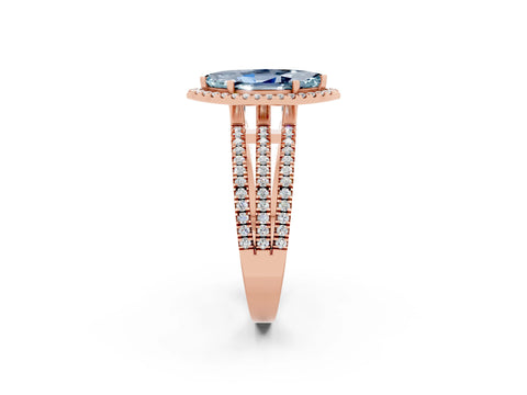 Rose gold {shape_name} Aquamarine Halo Engagement Ring with Split Shank and Four-Prong Setting_2