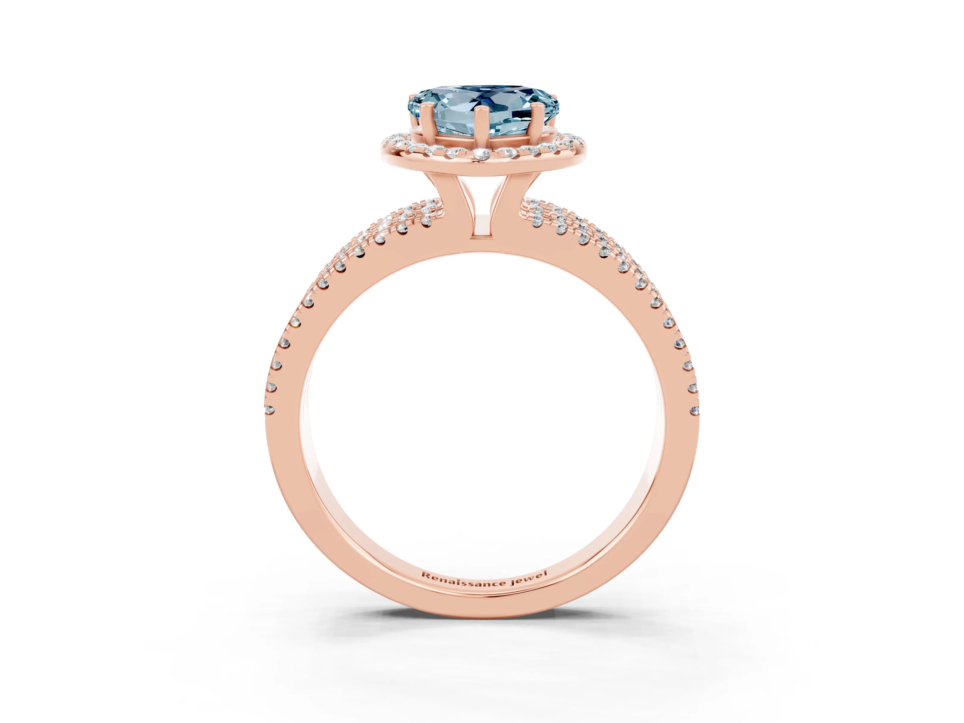 Rose gold {shape_name} Aquamarine Halo Engagement Ring with Split Shank and Four-Prong Setting_3
