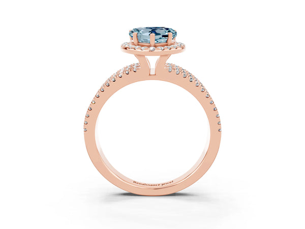 Rose gold Heart Cut Aquamarine Halo Engagement Ring with Split Shank and Four-Prong Setting
