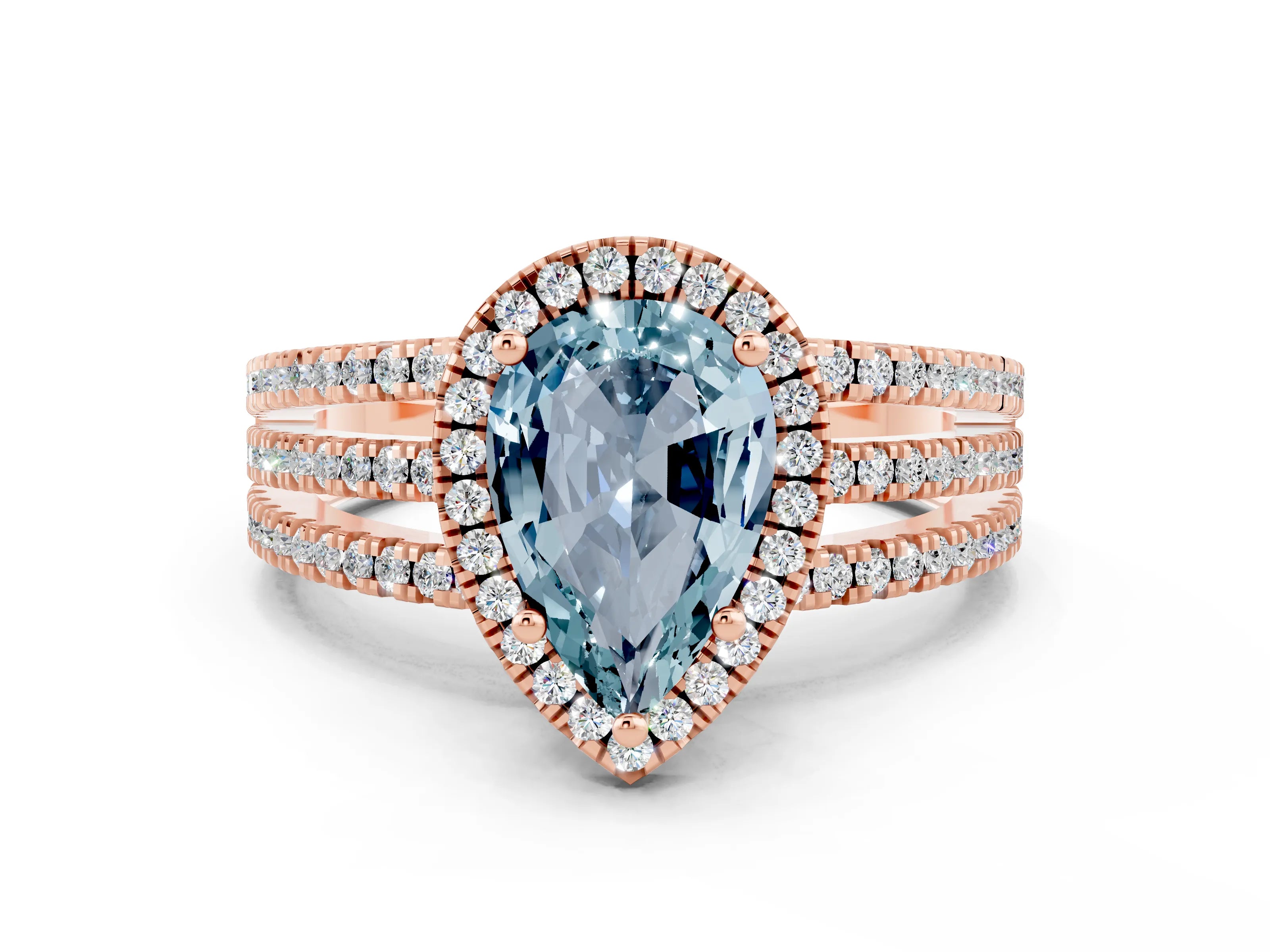 Rose gold {shape_name} Aquamarine Halo Engagement Ring with Split Shank and Four-Prong Setting