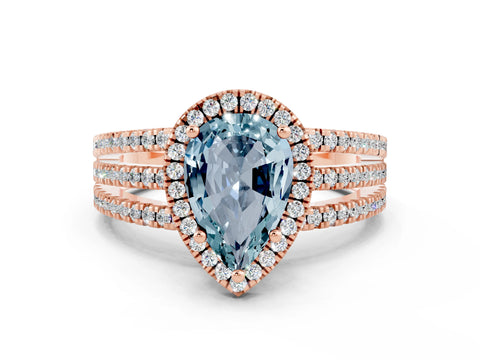 Rose gold {shape_name} Aquamarine Halo Engagement Ring with Split Shank and Four-Prong Setting