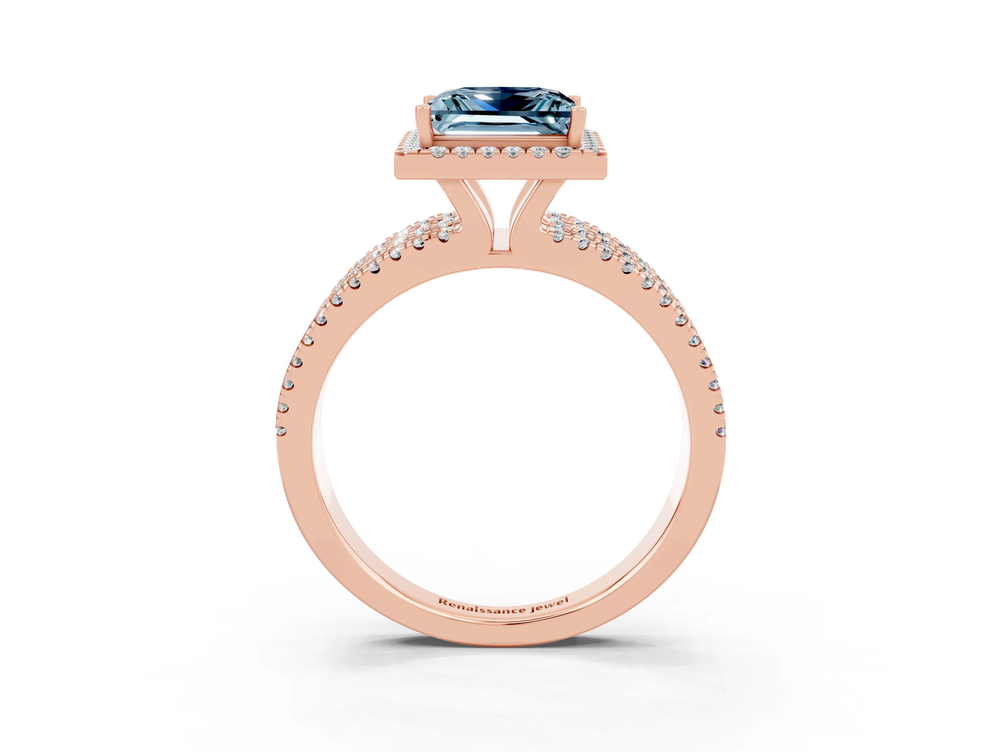Rose gold {shape_name} Aquamarine Halo Engagement Ring with Split Shank and Four-Prong Setting_3