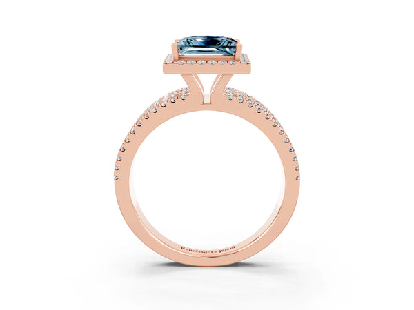 Rose gold Princess Cut Aquamarine Halo Engagement Ring with Split Shank and Four-Prong Setting