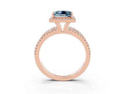 Rose gold {shape_name} Aquamarine Halo Engagement Ring with Split Shank and Four-Prong Setting_3