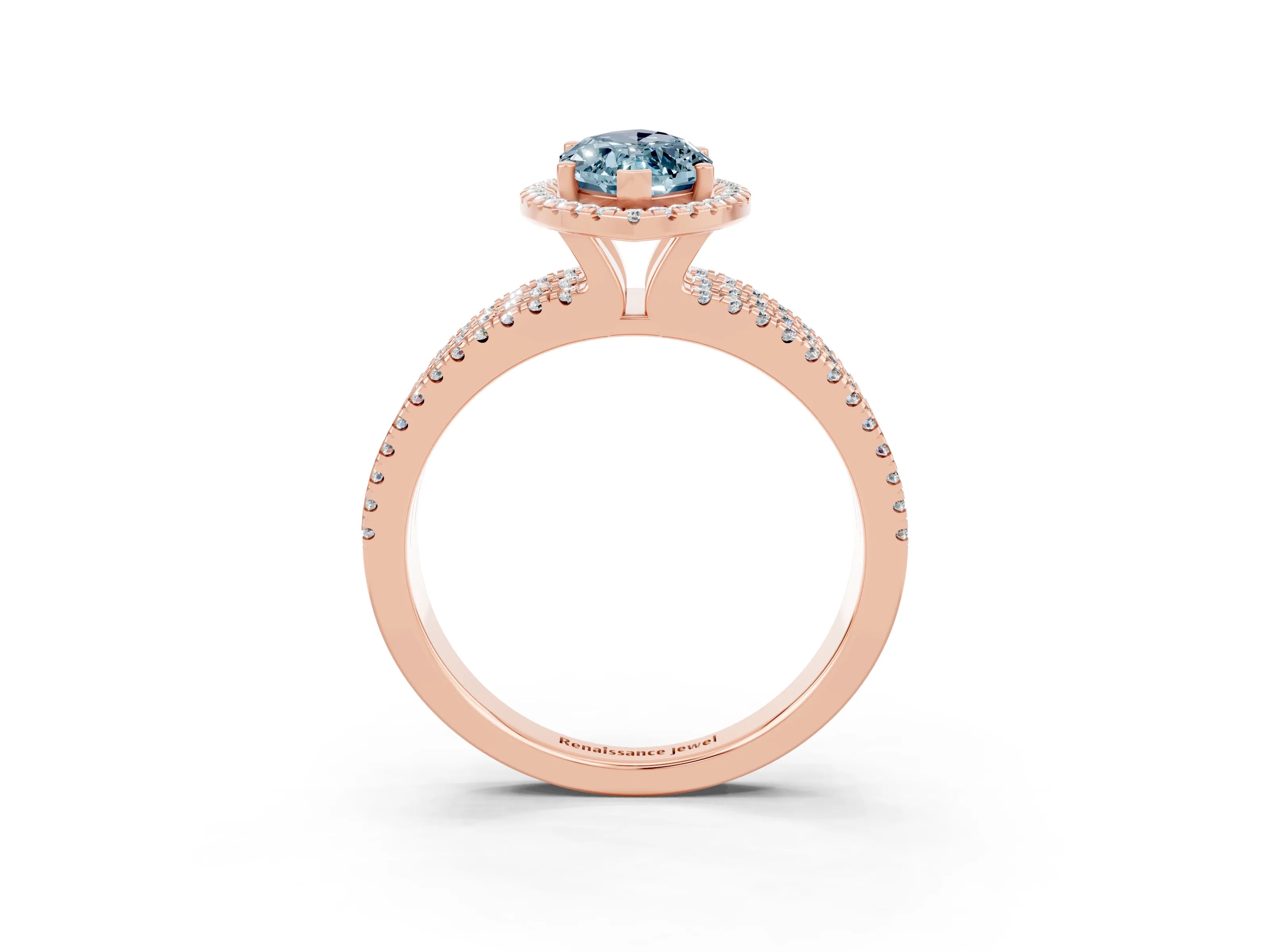 Rose gold {shape_name} Aquamarine Halo Engagement Ring with Split Shank and Four-Prong Setting_3