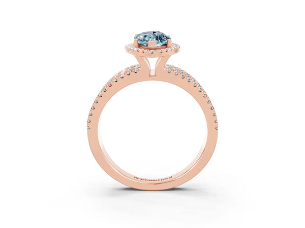 Rose gold Marquise Cut Aquamarine Halo Engagement Ring with Split Shank and Four-Prong Setting