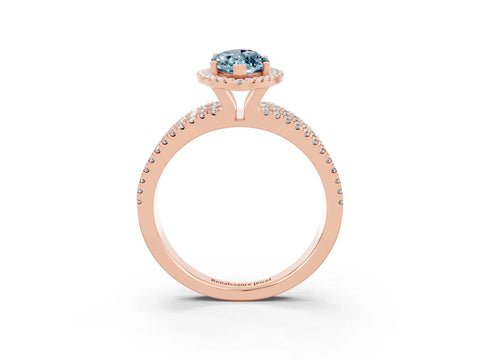 Rose gold {shape_name} Aquamarine Halo Engagement Ring with Split Shank and Four-Prong Setting_3
