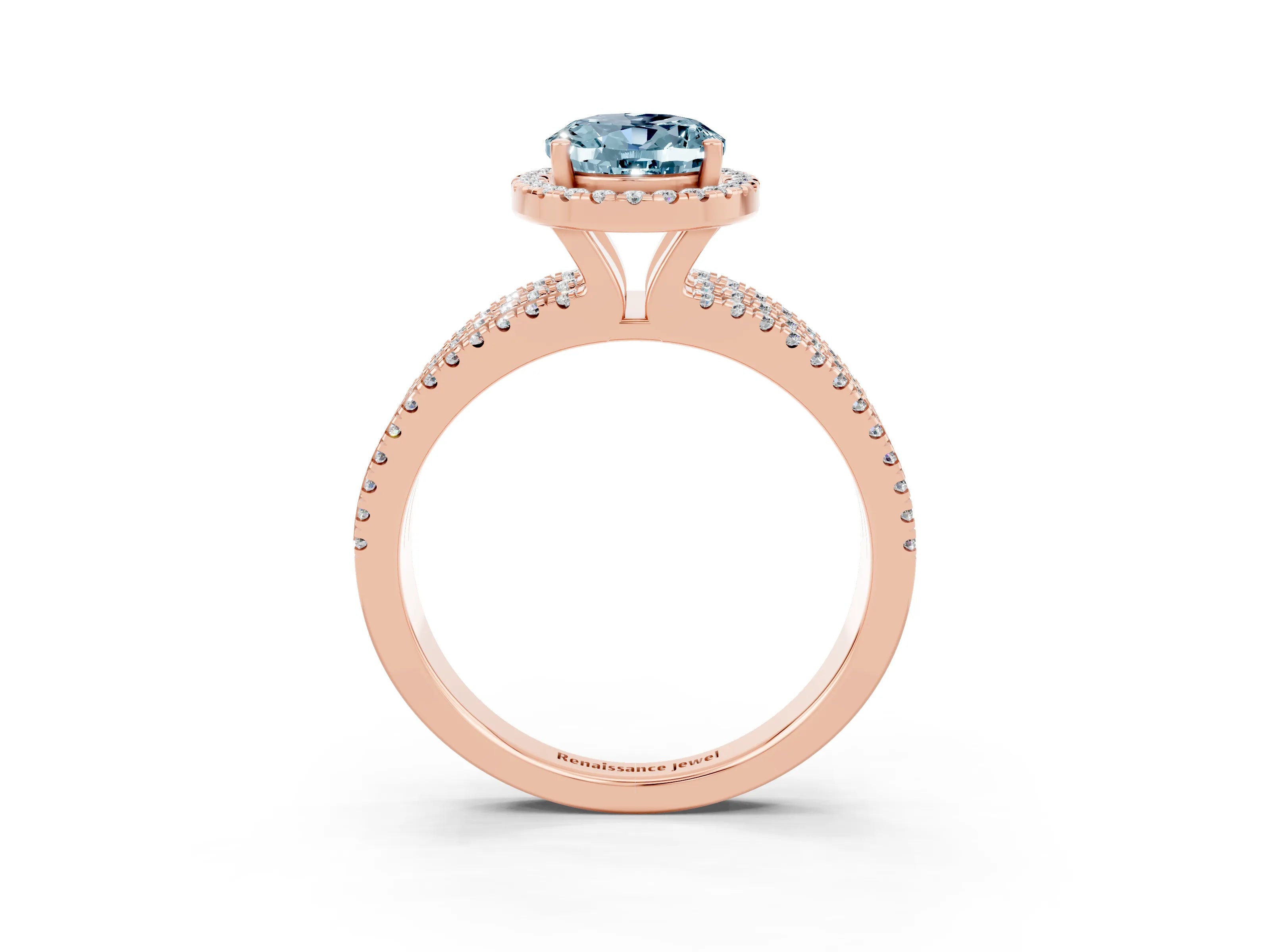 Rose gold {shape_name} Aquamarine Halo Engagement Ring with Split Shank and Four-Prong Setting_3