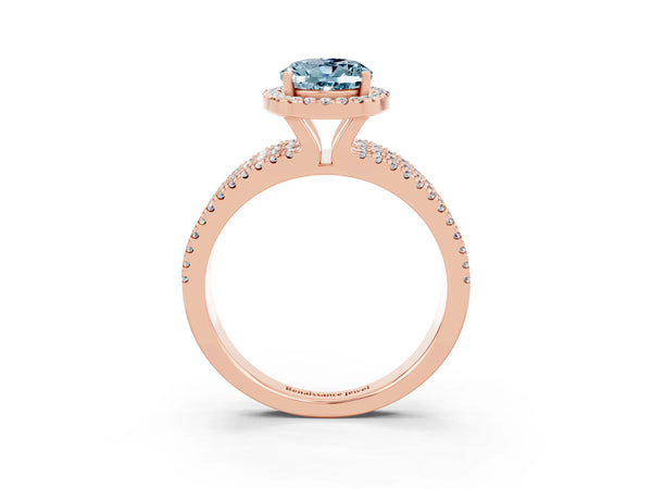 Rose gold Oval Cut Aquamarine Halo Engagement Ring with Split Shank and Four-Prong Setting