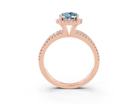 Rose gold {shape_name} Aquamarine Halo Engagement Ring with Split Shank and Four-Prong Setting_3