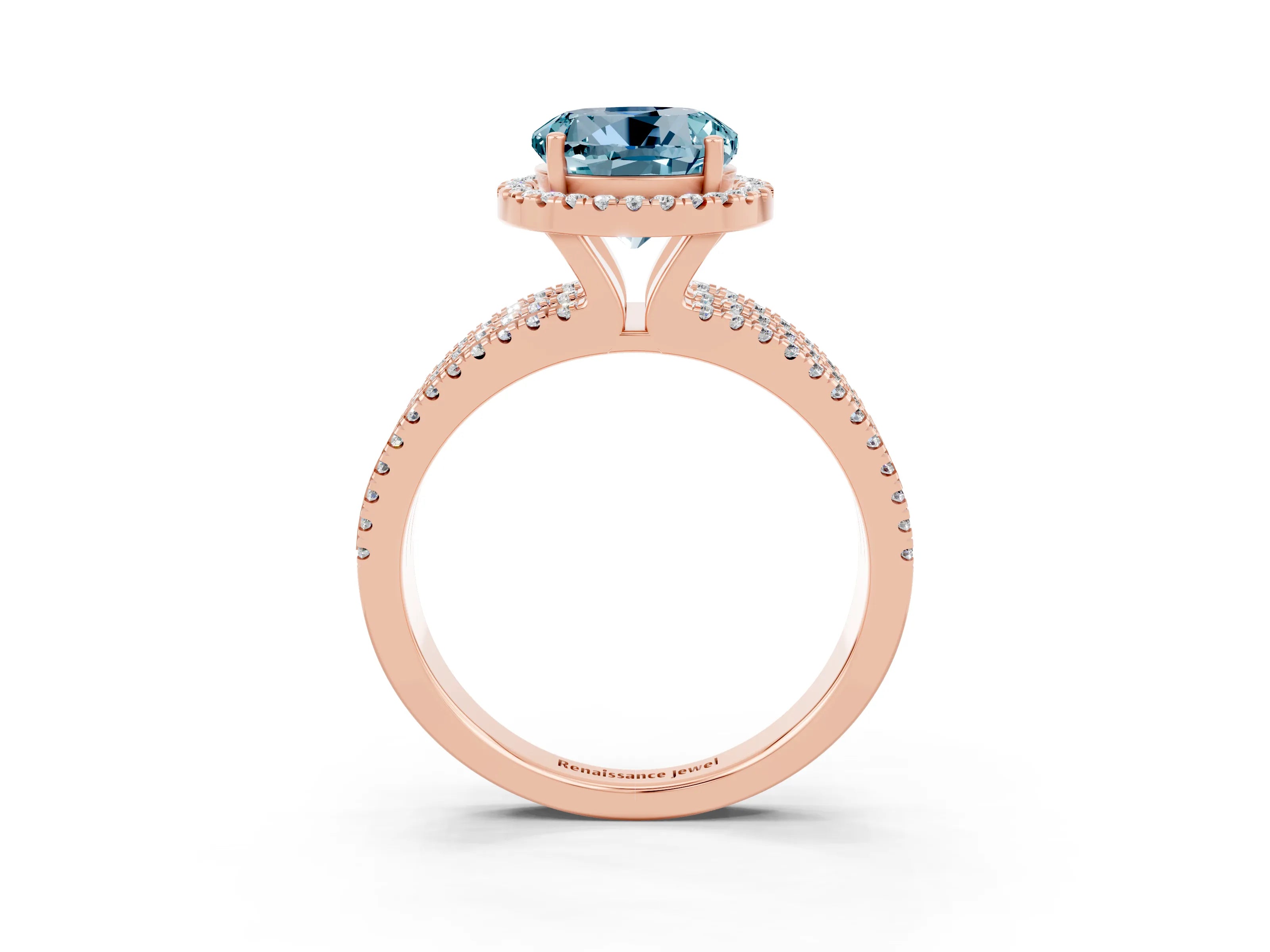 Rose gold {shape_name} Aquamarine Halo Engagement Ring with Split Shank and Four-Prong Setting_3