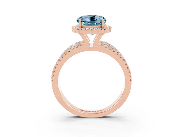 Rose gold Round Cut Aquamarine Halo Engagement Ring with Split Shank and Four-Prong Setting