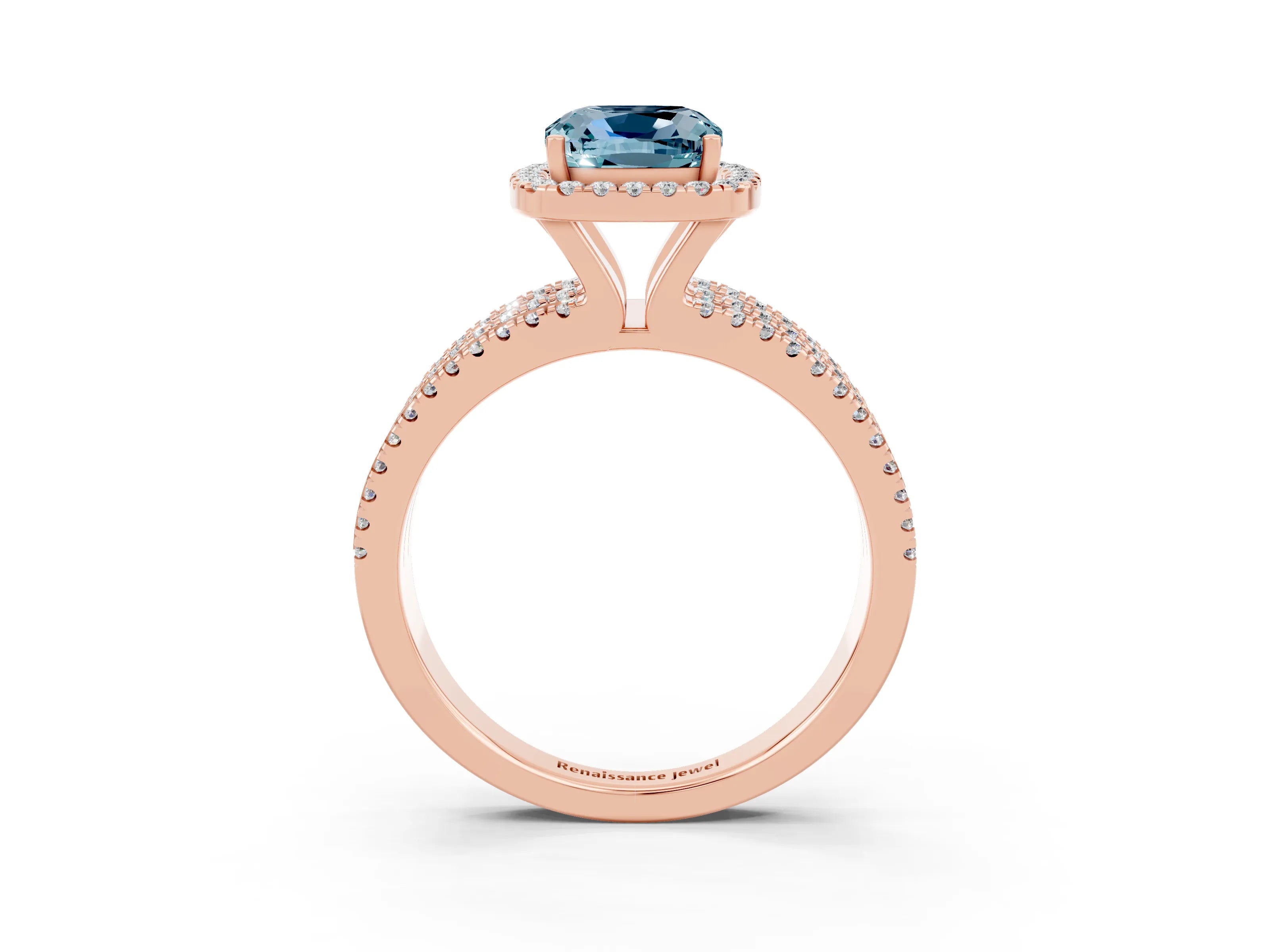 Rose gold {shape_name} Aquamarine Halo Engagement Ring with Split Shank and Four-Prong Setting_3